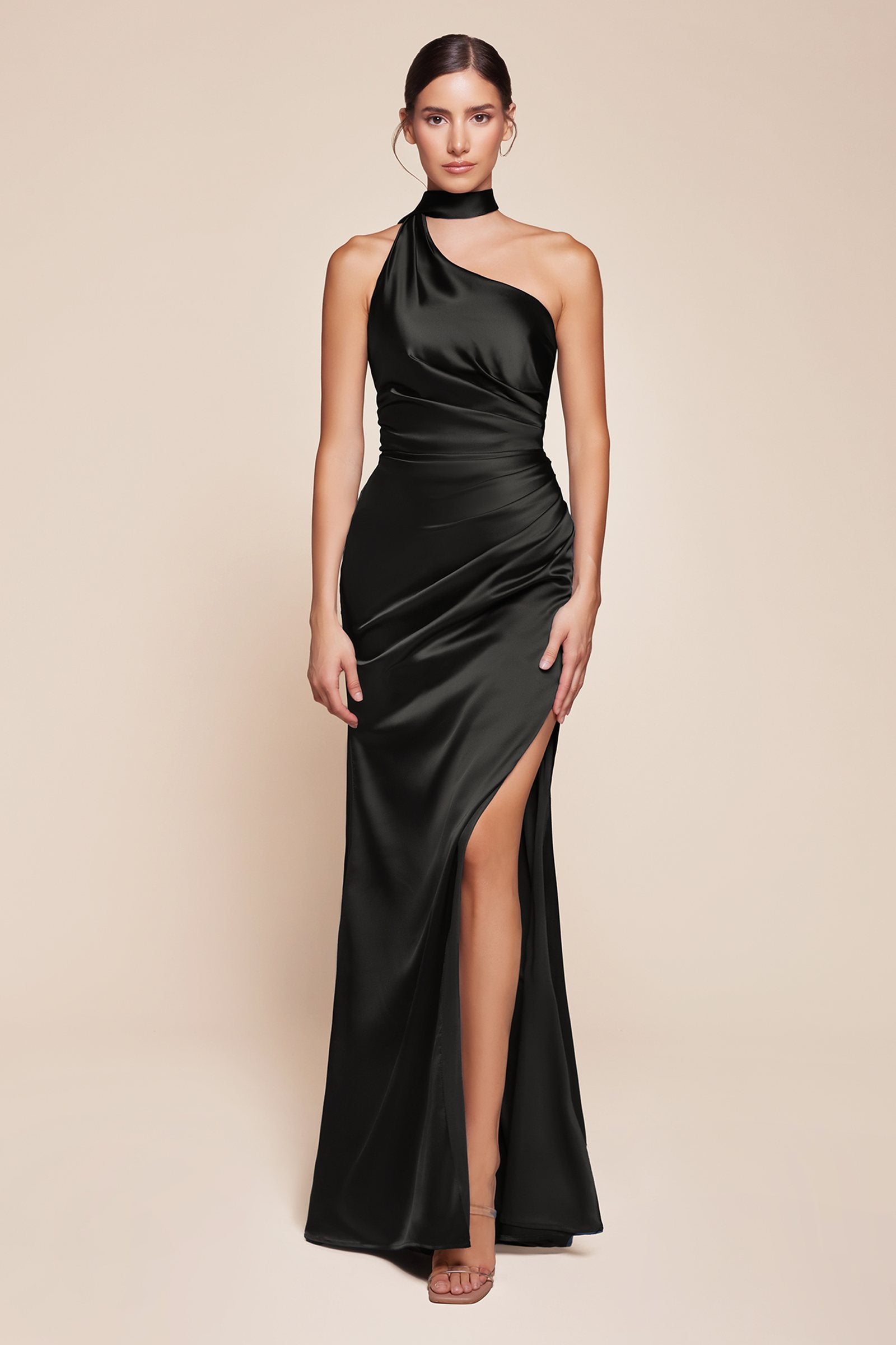 Ladivine 7454 Dress One Shoulder Luxe Satin Fitted Gown - Glamourous Grace