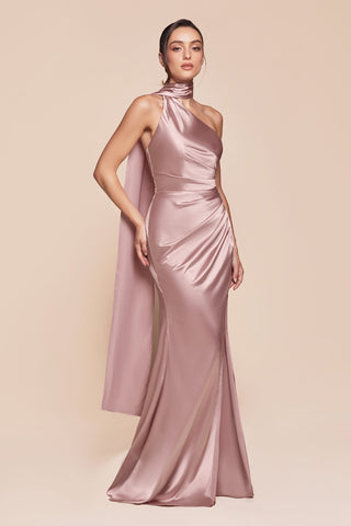 Ladivine 7454 Dress One Shoulder Luxe Satin Fitted Gown - Glamourous Grace