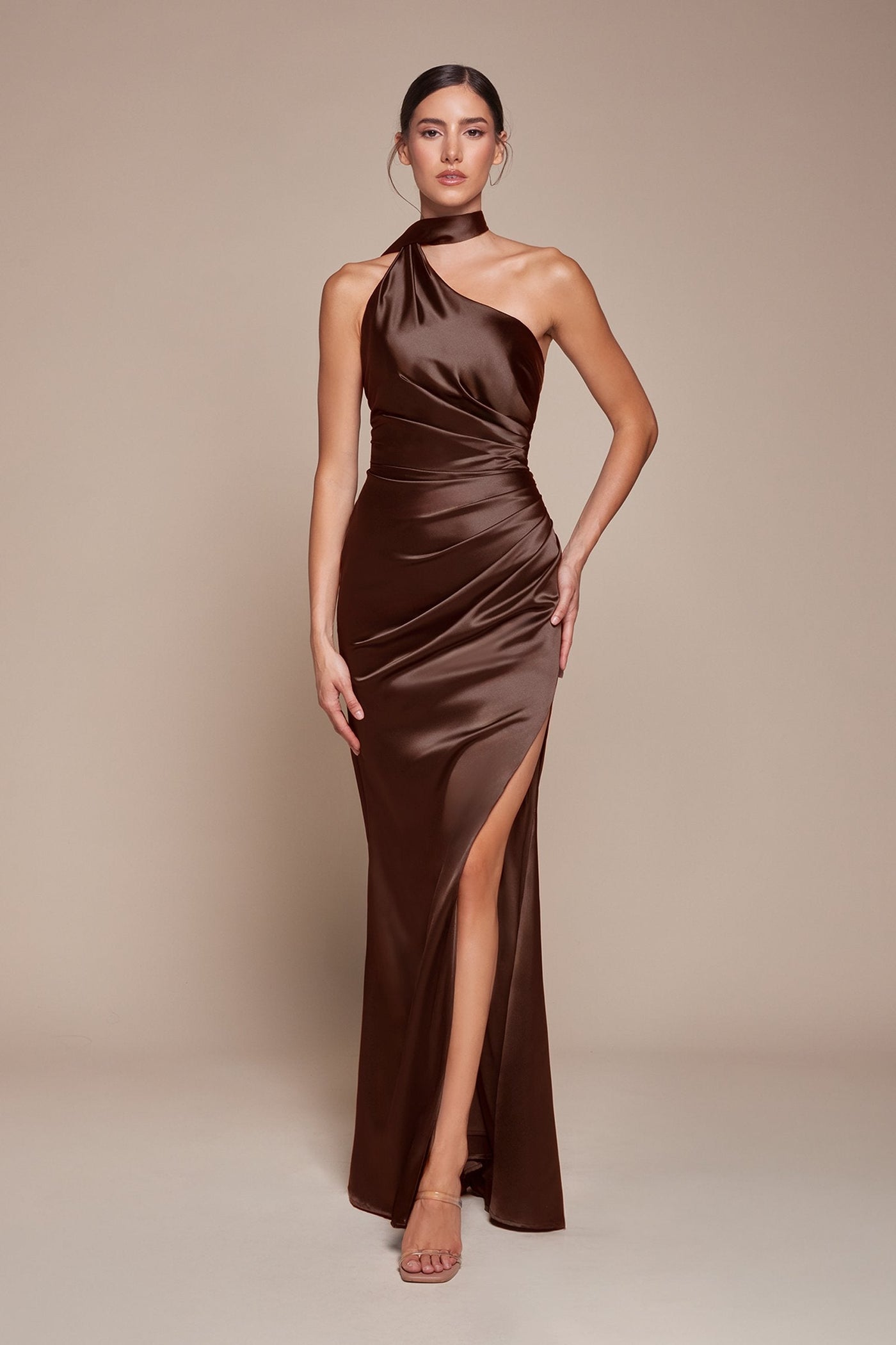 Ladivine 7454 Dress One Shoulder Luxe Satin Fitted Gown - Glamourous Grace