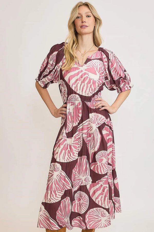 Umgee Full Size Printed Notched Puff Sleeve Midi Dress Plus Size - Glamourous Grace