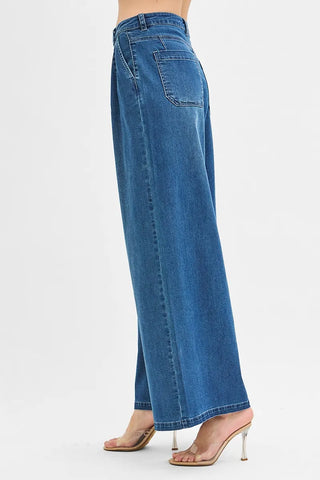 RISEN Pleated Wide Leg Denim Jeans