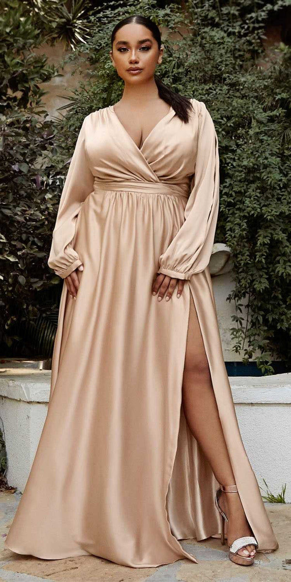 Cinderella Divine 7475C Long Split Blouson Sleeve Formal Dress Thigh Split - Glamourous Grace