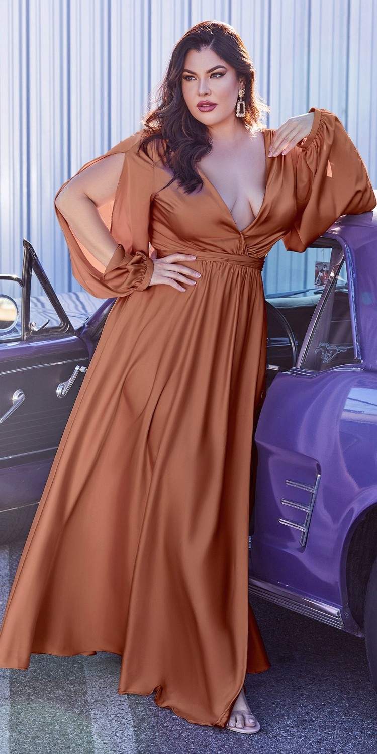 Cinderella Divine 7475 Long Split Blouson Sleeve Formal Dress Thigh Split - Glamourous Grace