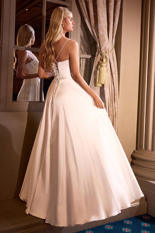 Ladivine 7481W A-Line Bridal Gown Pleated Neckline Spaghetti Straps - Glamourous Grace