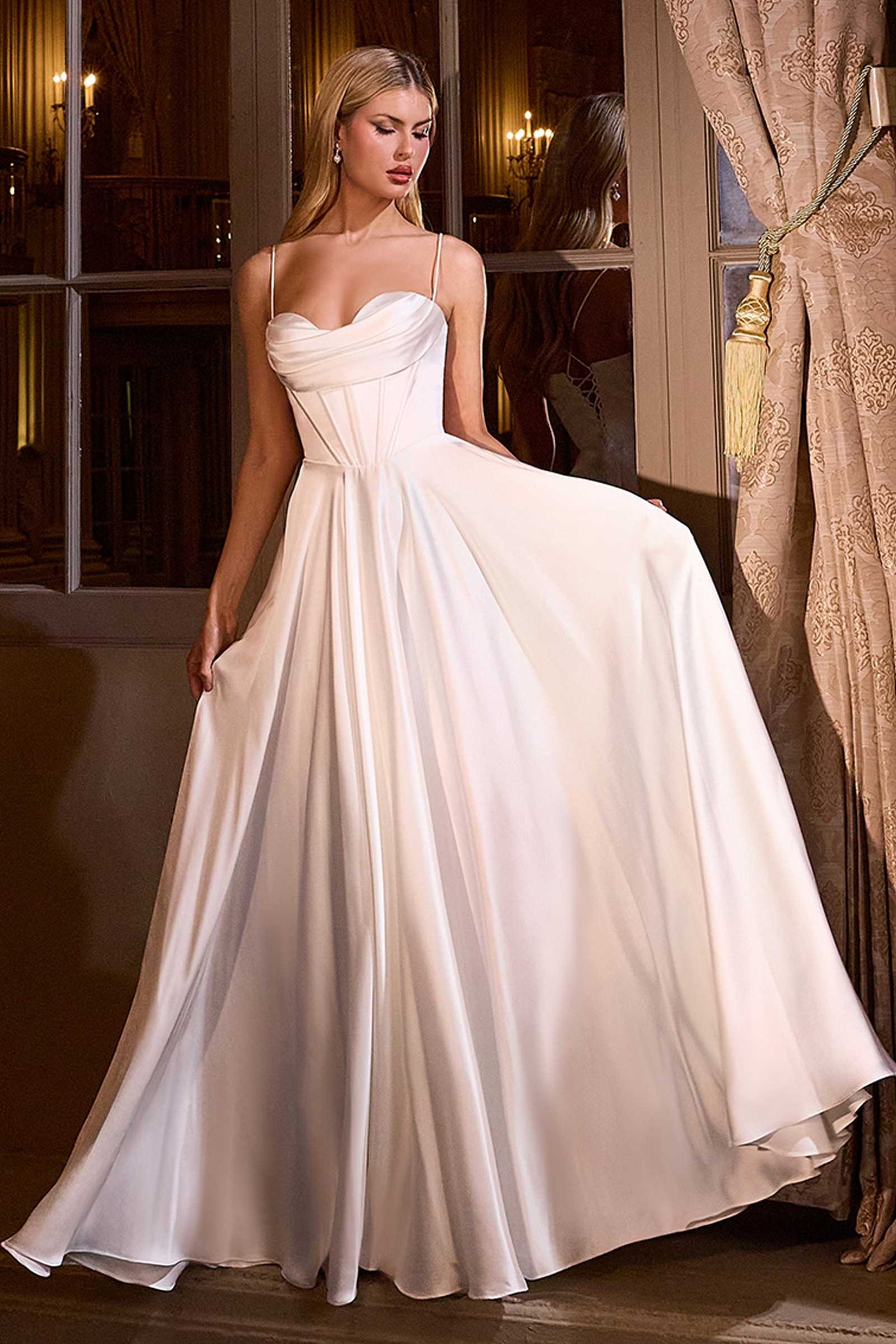Ladivine 7481W A-Line Bridal Gown Pleated Neckline Spaghetti Straps - Glamourous Grace