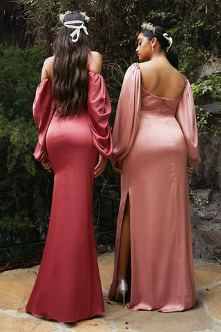 Cinderella Divine 7482 Long Sleeve Off the Shoulder Soft Satin Fitted Dress