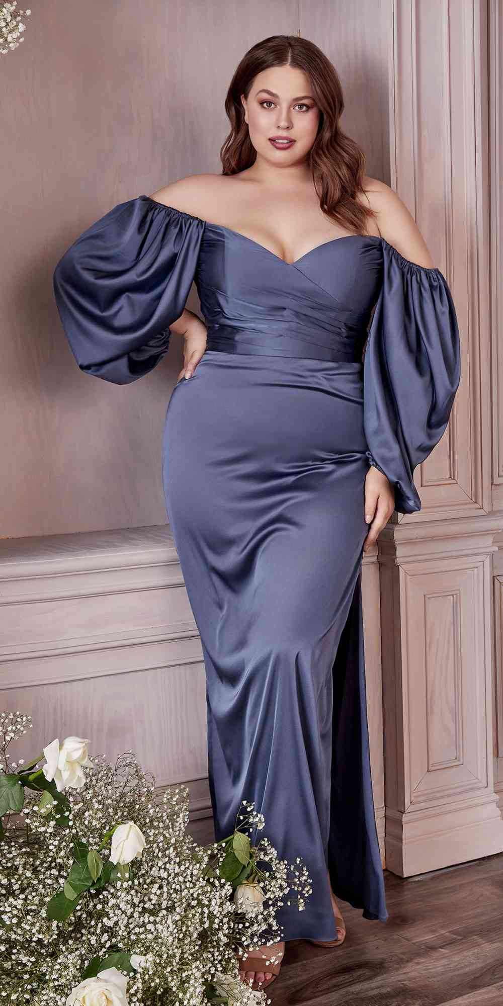 Cinderella Divine 7482C Long Sleeve Off the Shoulder Soft Satin Fitted Dress - Glamourous Grace