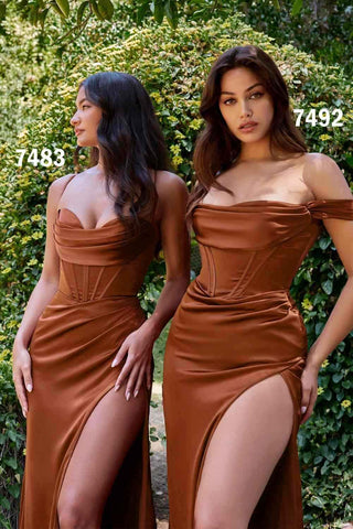 Cinderella Divine 7492 Satin Off the Shoulder Corset Satin Gown - Glamourous Grace