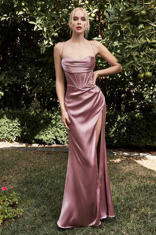 Cinderella Divine 7483 Long Satin Corset Cowl Neckline Formal Gown
