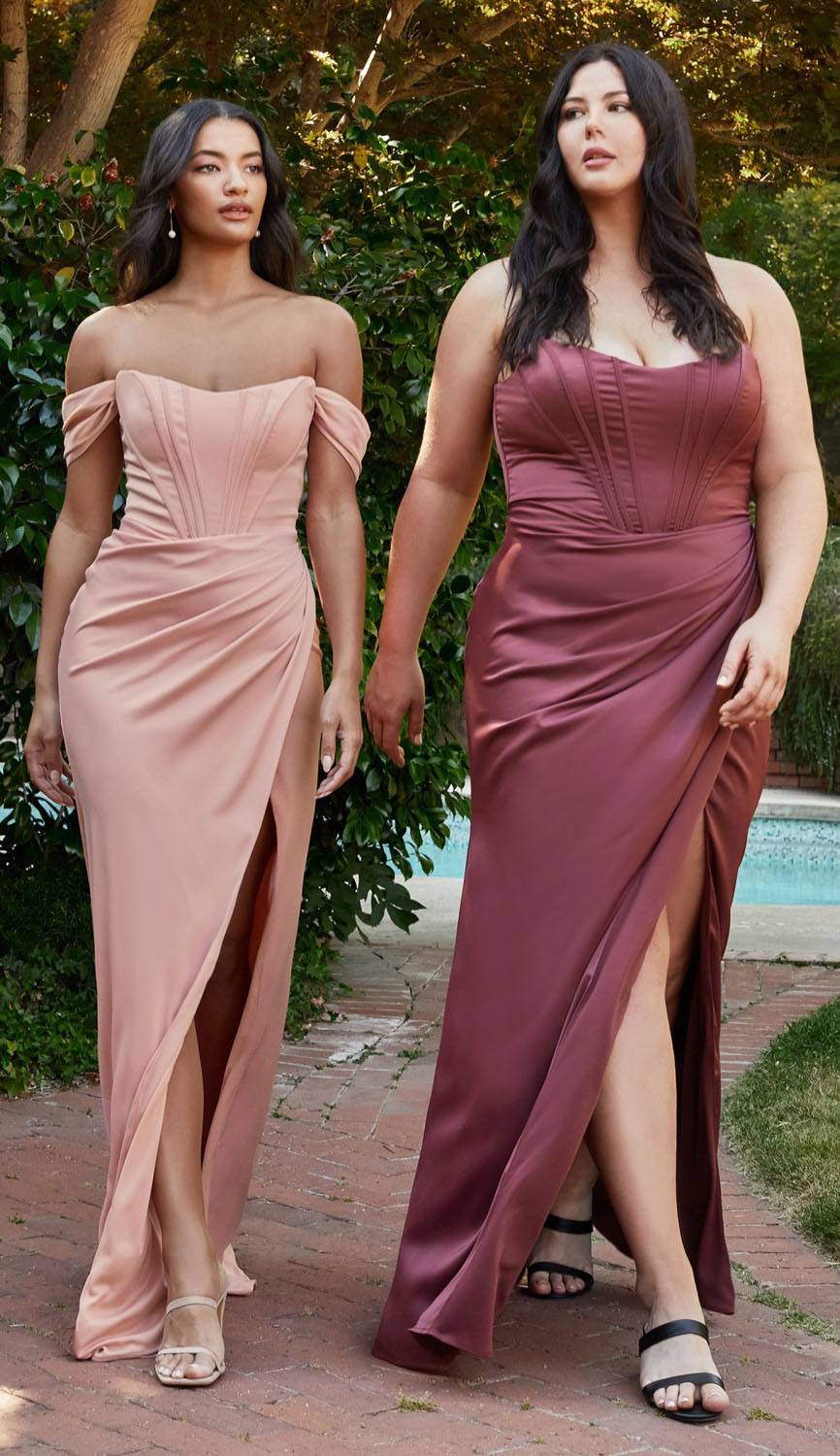 Cinderella Divine 7484C Plus Size Off the Shoulder Corset Satin Formal Gown - Glamourous Grace