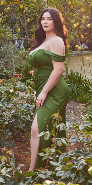 Cinderella Divine 7484 Long Off the Shoulder Corset Satin Formal Gown