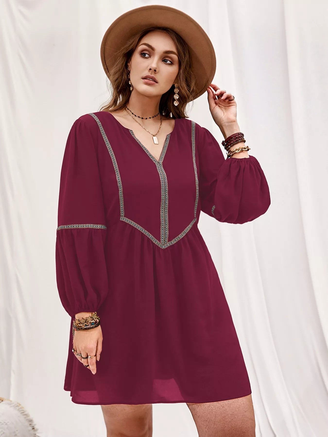 Plus Size Notched Balloon Sleeve Mini Dress - Glamourous Grace