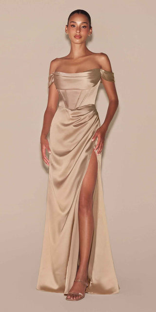 Cinderella Divine 7492 Satin Off the Shoulder Corset Satin Gown - Glamourous Grace