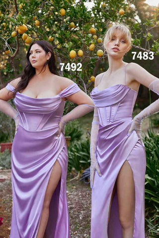Cinderella Divine 7492 Satin Off the Shoulder Corset Satin Gown - Glamourous Grace