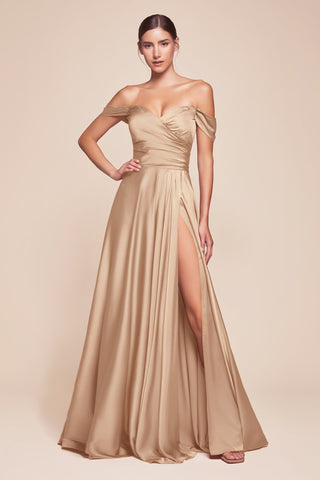 Cinderella Divine 7493C Long Plus Size A-Line Off the Shoulder Satin Dress - Glamourous Grace
