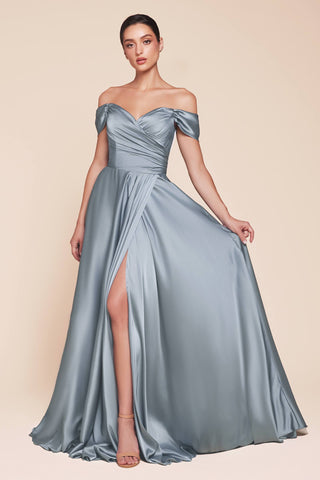 Cinderella Divine 7493C Long Plus Size A-Line Off the Shoulder Satin Dress - Glamourous Grace