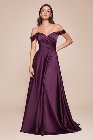 Cinderella Divine 7493C Long Plus Size A-Line Off the Shoulder Satin Dress - Glamourous Grace