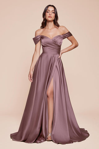 Cinderella Divine 7493C Long Plus Size A-Line Off the Shoulder Satin Dress - Glamourous Grace