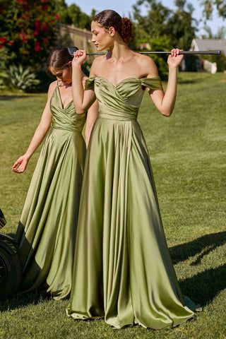 Cinderella Divine 7493C Long Plus Size A-Line Off the Shoulder Satin Dress - Glamourous Grace
