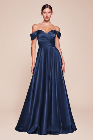 Cinderella Divine 7493C Long Plus Size A-Line Off the Shoulder Satin Dress - Glamourous Grace