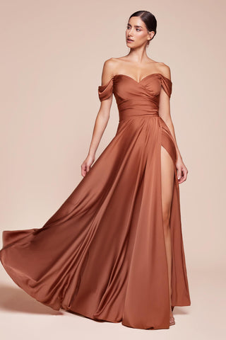 Cinderella Divine 7493C Long Plus Size A-Line Off the Shoulder Satin Dress - Glamourous Grace