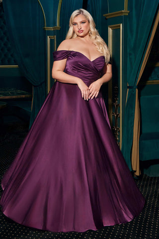Cinderella Divine 7493C Long Plus Size A-Line Off the Shoulder Satin Dress - Glamourous Grace