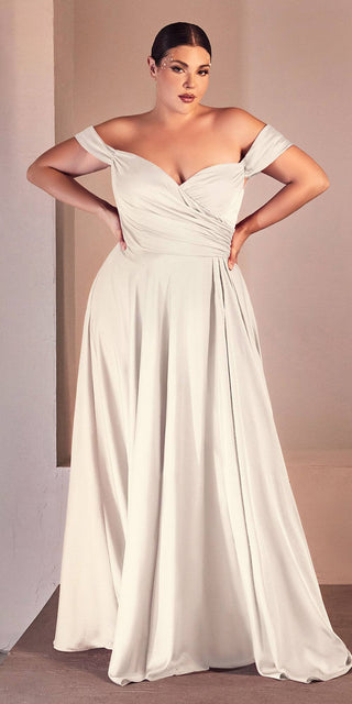 Ladivine 7493W Long A-Line Off the Shoulder Satin Bridal Dress - Glamourous Grace