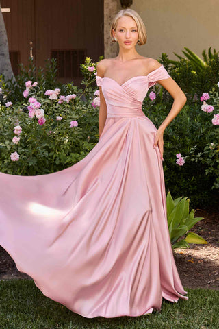 Cinderella Divine 7493C Long Plus Size A-Line Off the Shoulder Satin Dress - Glamourous Grace