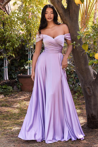 Cinderella Divine 7493C Long Plus Size A-Line Off the Shoulder Satin Dress - Glamourous Grace