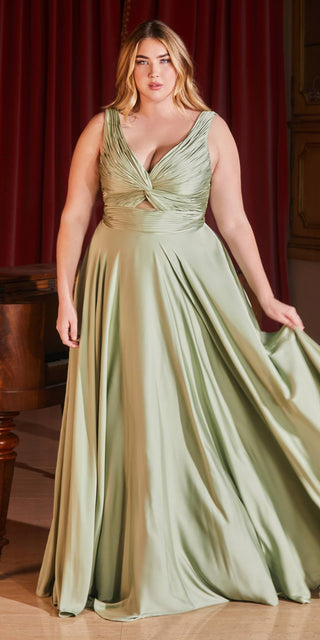 Ladivine 7497 Long A-Line Satin Keyhole Twisted Bodice Formal Gown