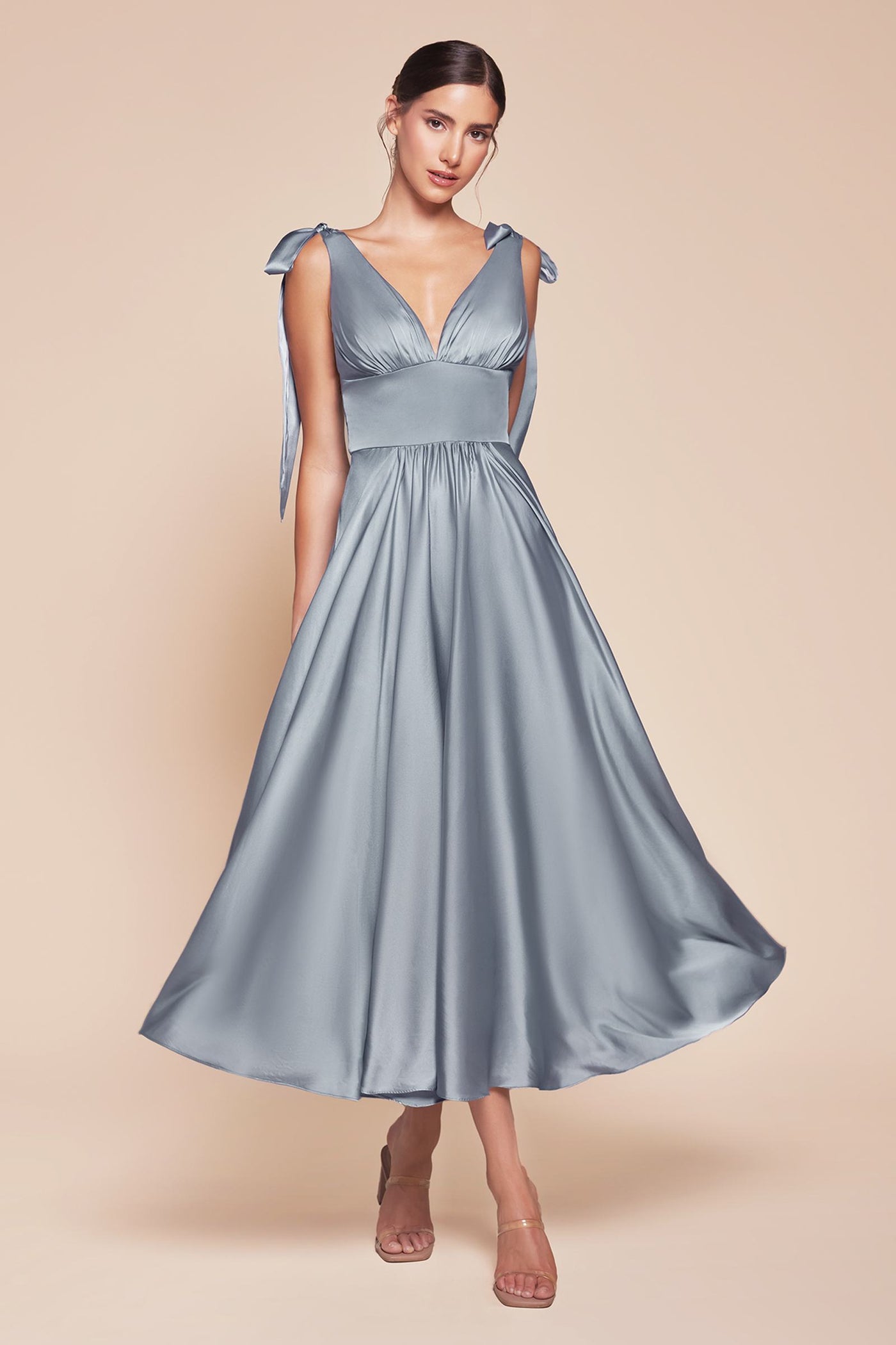 Ladivine 7499 Dress Tea Length Satin A-Line Dress - Glamourous Grace