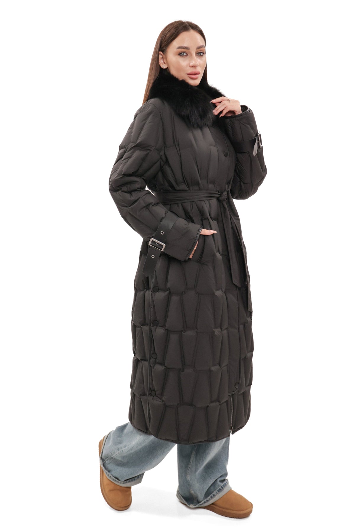 Riley Genuine Fur Trim Down Fill Coat in Black