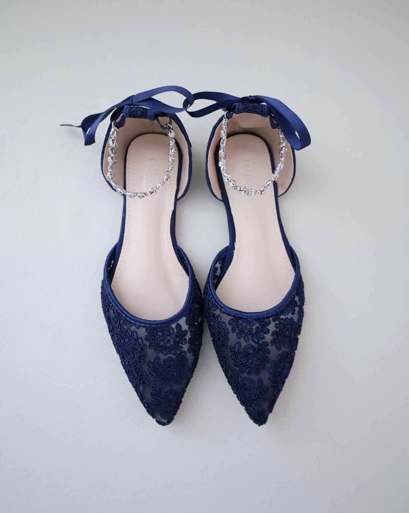 Evening Crochet Lace Pointy Toe Flats with Amaryllis Crystal Strap - Glamourous Grace