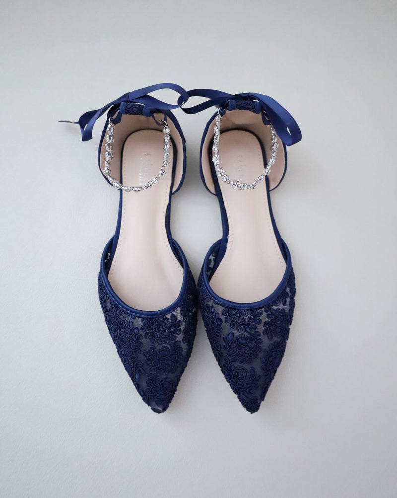 Evening Crochet Lace Pointy Toe Flats with Amaryllis Crystal Strap - Glamourous Grace