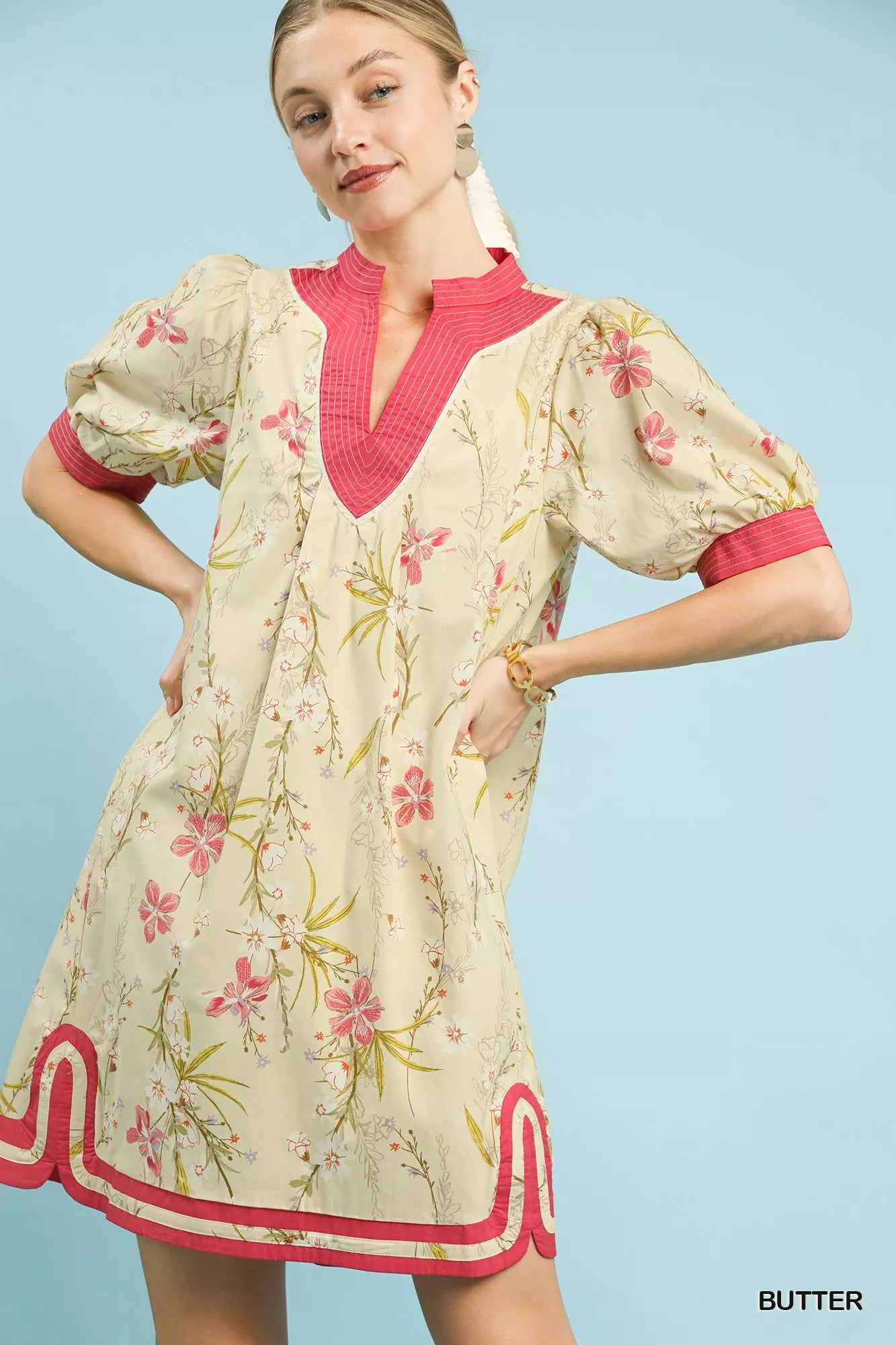 Umgee Floral Puff Sleeve Dress with Contrast Trim - Glamourous Grace