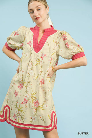Umgee Floral Puff Sleeve Dress with Contrast Trim - Glamourous Grace