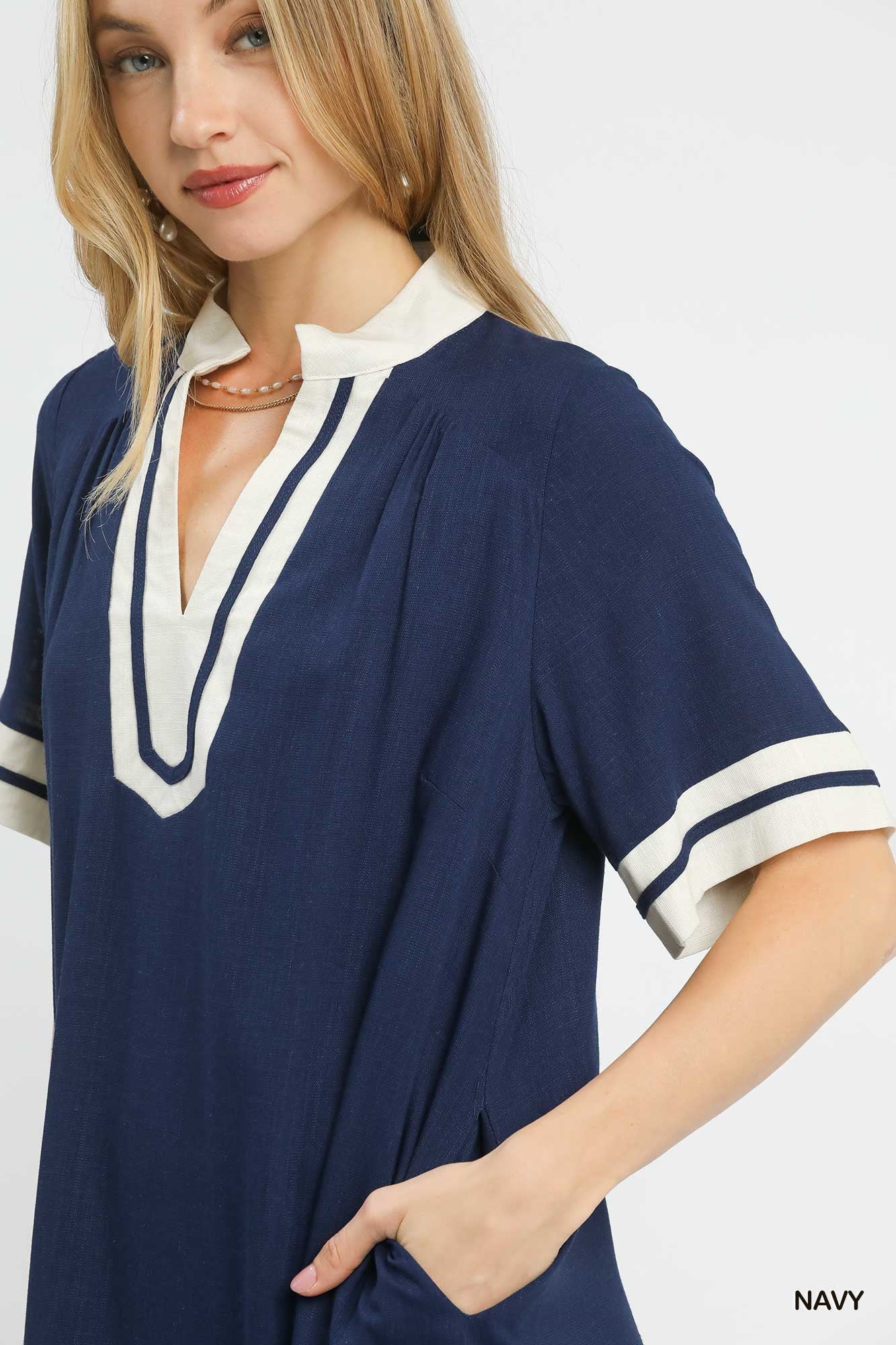 Umgee Linen Rayon Mini Dress in Navy - Glamourous Grace