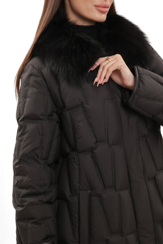 Riley Genuine Fur Trim Down Fill Coat in Black