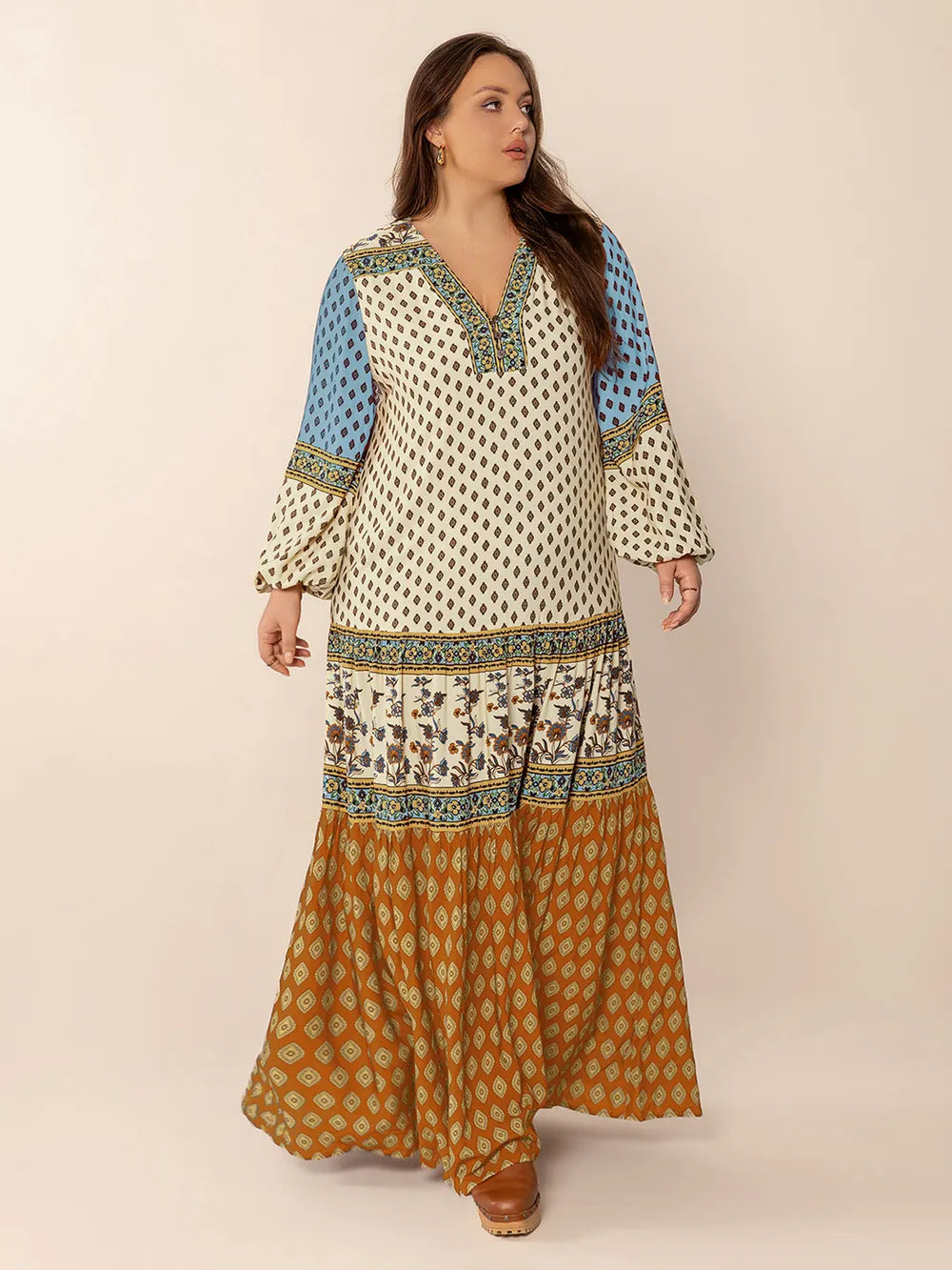 Plus Size Printed V-Neck Balloon Sleeve Maxi Dress - Glamourous Grace