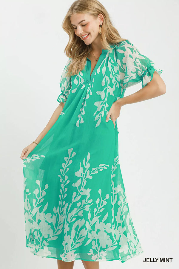 Umgee Floral Print Tie Waist Midi Dress with Side Pockets - Glamourous Grace