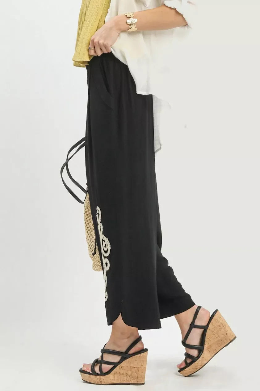 Umgee Linen Embroidered Wide-Leg Boho Pants - Glamourous Grace