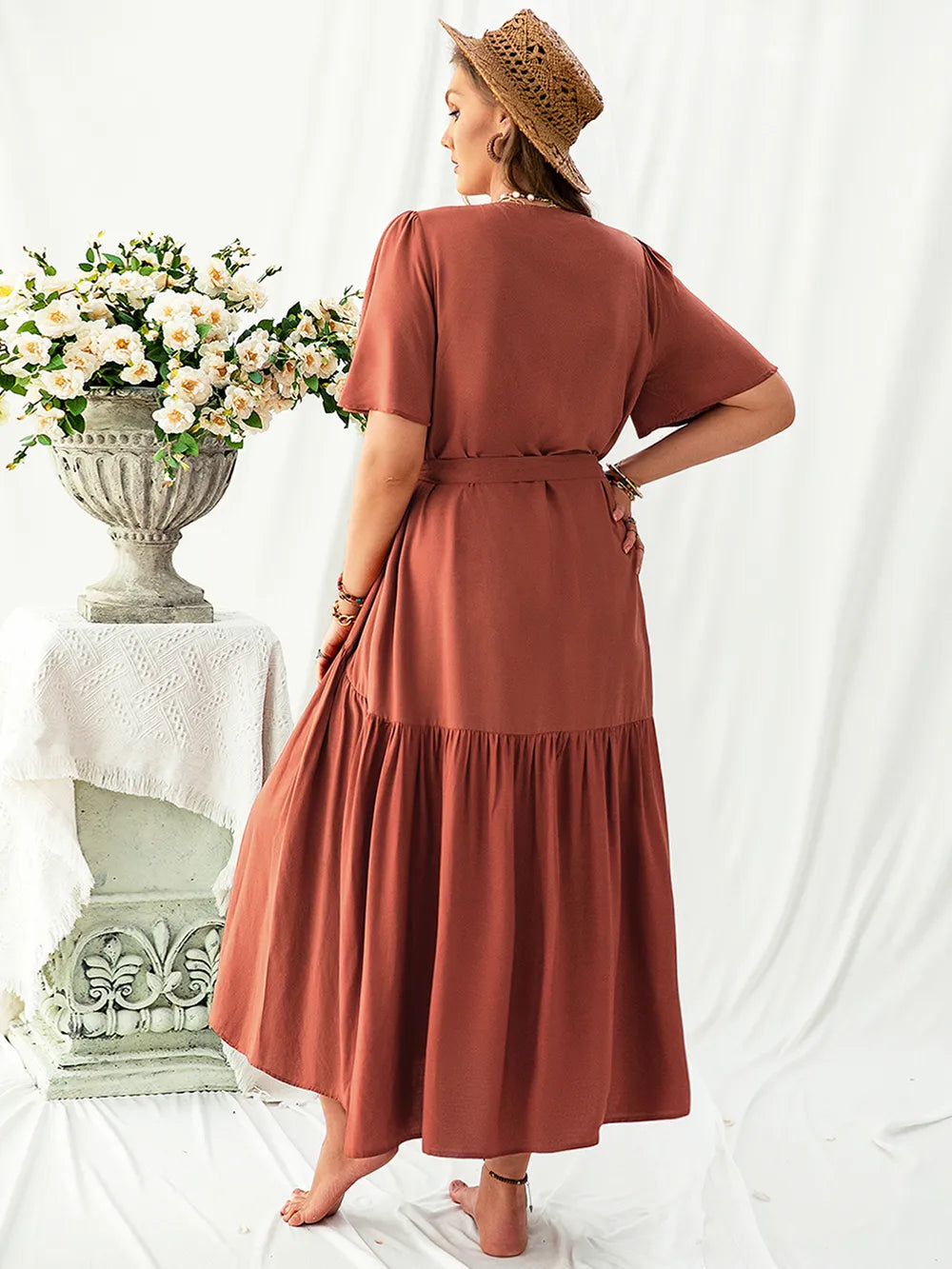 Plus Size V-Neck Flutter Sleeve Midi Dress - Glamourous Grace