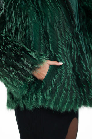 Reversible Genuine Silver Fox  Down Fill Coat in Emerald