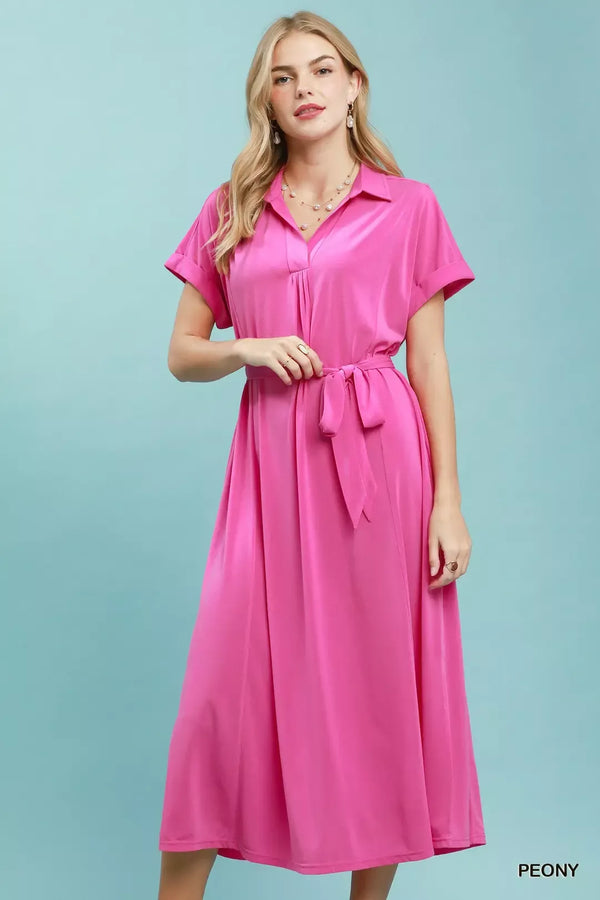 Umgee Collared Belted Midi Dress - Glamourous Grace