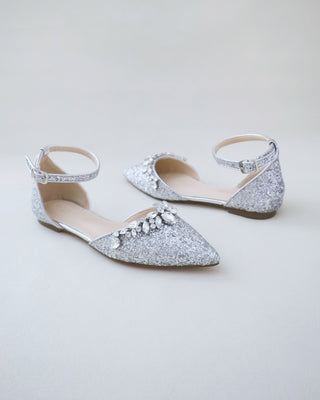 Pointy Toe Glitter Ankle Strap Flats with Teardrop Rhinestones