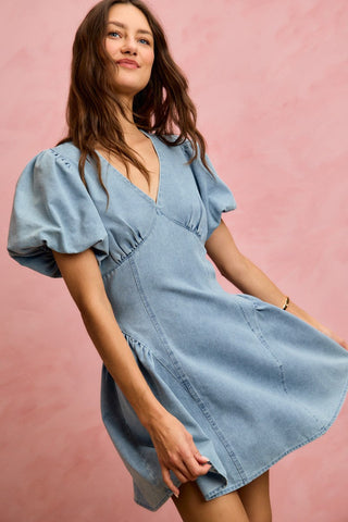 SO ME Bubble Sleeves Denim Fit And Flare Mini Dress - Glamourous Grace