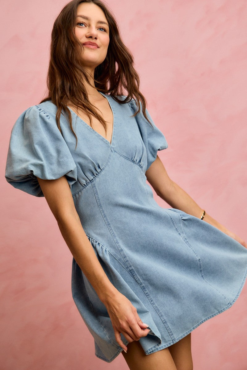 SO ME Bubble Sleeves Denim Fit And Flare Mini Dress - Glamourous Grace