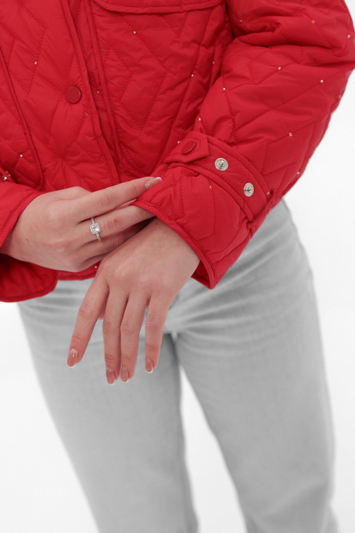 Studded Light Demi-Season Hooded Cropped Jacket in Red