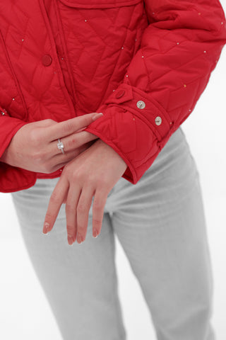 Studded Light Demi-Season Hooded Cropped Jacket in Red