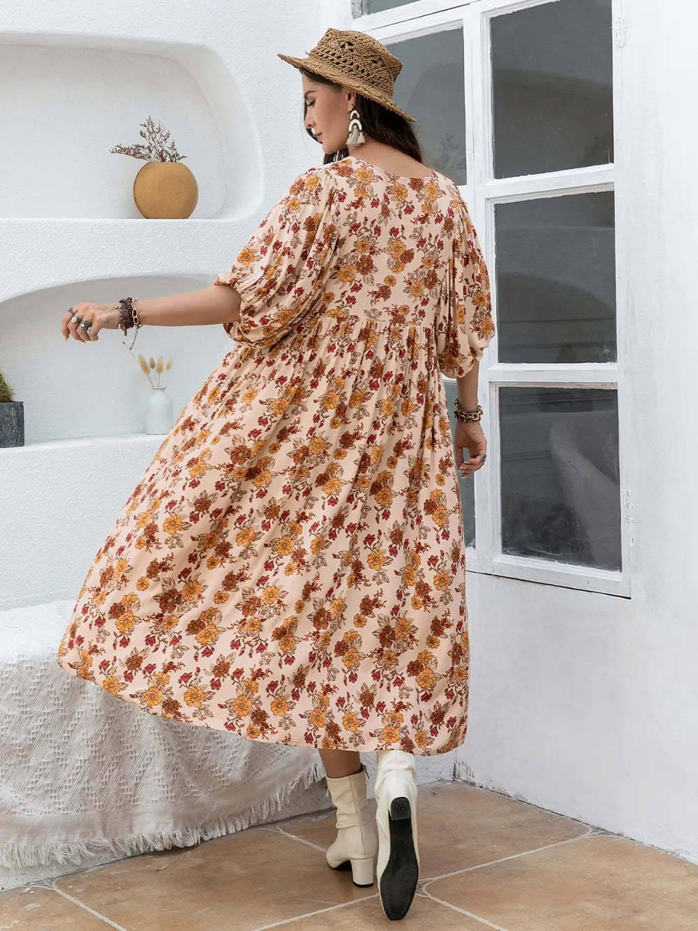 Plus Size Printed Tie Neck Half Sleeve Midi Dress - Glamourous Grace